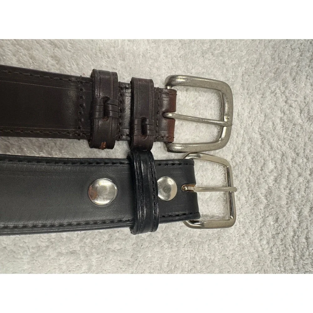 Lot of 2 Mens Top Grain Leather Belts Size 46 Black Brown Silver Buckle Classic